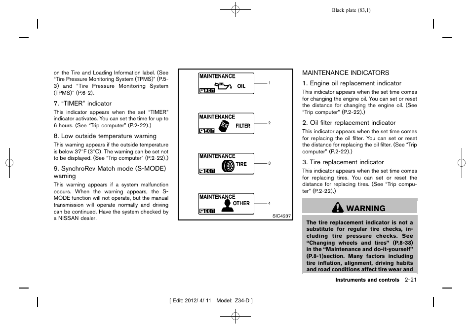 Maintenance indicators -21, Warning | NISSAN 2013 370Z Roadster - Owner's Manual User Manual | Page 85 / 427