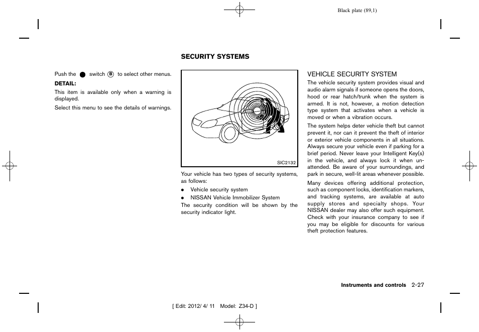 Security systems -27, Vehicle security system -27 | NISSAN 2013 370Z Roadster - Owner's Manual User Manual | Page 91 / 427