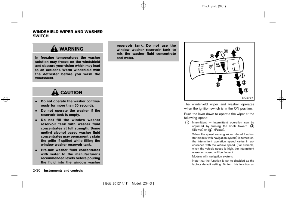 Windshield wiper and washer switch -30, Warning, Caution | NISSAN 2013 370Z Roadster - Owner's Manual User Manual | Page 94 / 427