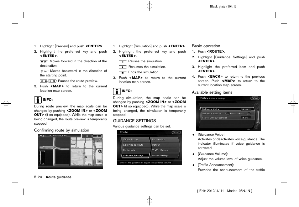 Guidance settings -20 | NISSAN 2013 Quest - Navigation System Owner's Manual User Manual | Page 104 / 243
