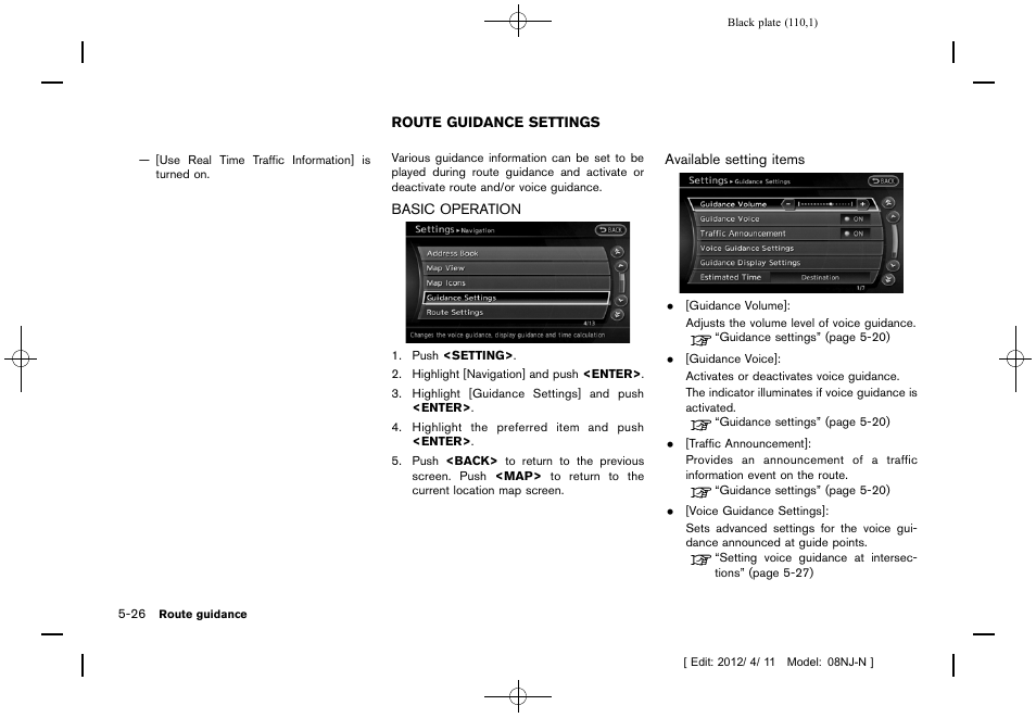 Route guidance settings -26, Basic operation -26 | NISSAN 2013 Quest - Navigation System Owner's Manual User Manual | Page 110 / 243