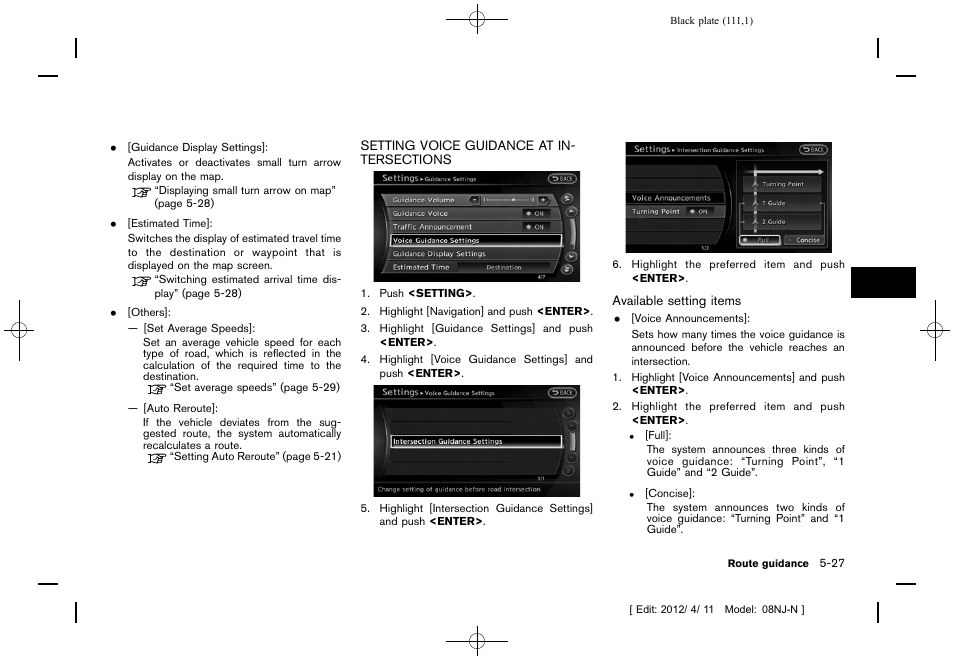 Setting voice guidance at intersections -27 | NISSAN 2013 Quest - Navigation System Owner's Manual User Manual | Page 111 / 243
