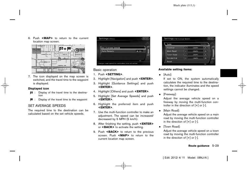 Set average speeds -29 | NISSAN 2013 Quest - Navigation System Owner's Manual User Manual | Page 113 / 243