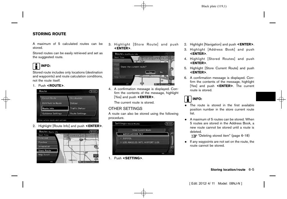 Storing route -5, Other settings -5 | NISSAN 2013 Quest - Navigation System Owner's Manual User Manual | Page 119 / 243