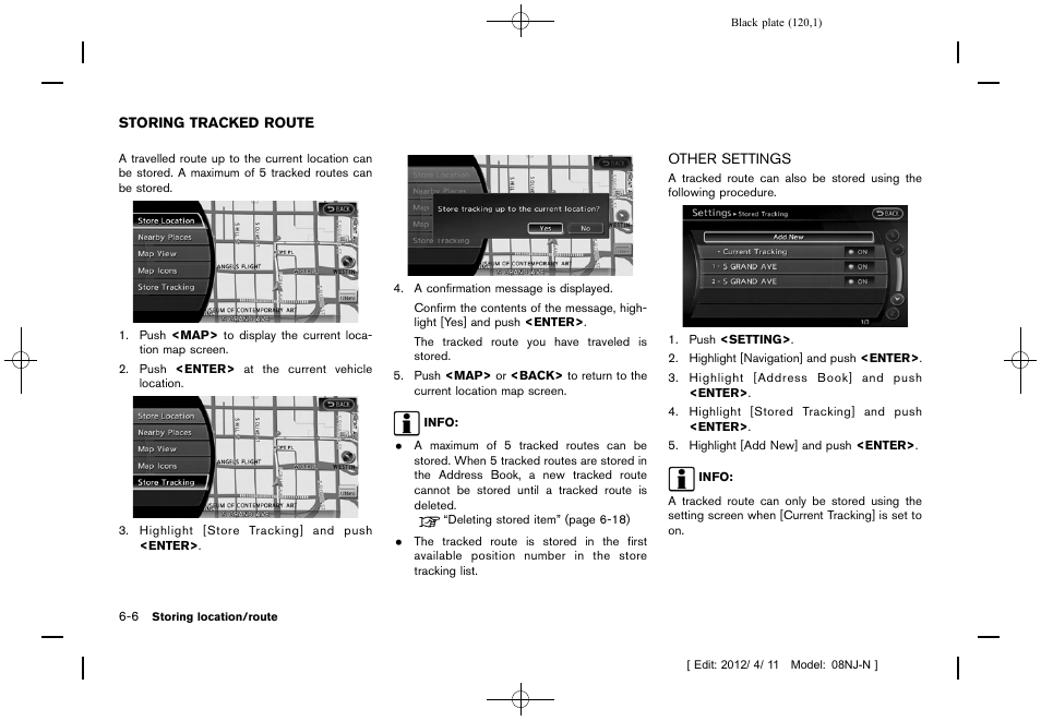 Storing tracked route -6, Other settings -6 | NISSAN 2013 Quest - Navigation System Owner's Manual User Manual | Page 120 / 243