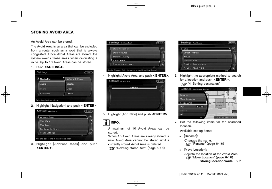 Storing avoid area -7 | NISSAN 2013 Quest - Navigation System Owner's Manual User Manual | Page 121 / 243