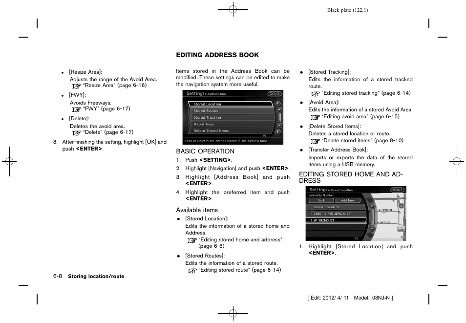 Basic operation -8, Editing stored home and address -8 | NISSAN 2013 Quest - Navigation System Owner's Manual User Manual | Page 122 / 243