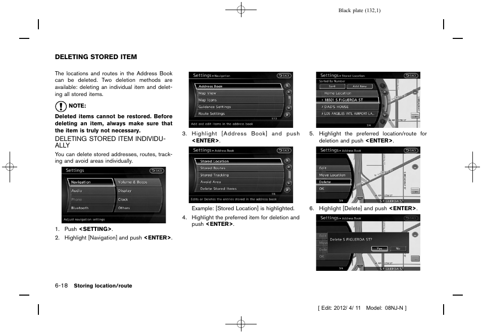 Deleting stored item -18, Deleting stored item individually -18 | NISSAN 2013 Quest - Navigation System Owner's Manual User Manual | Page 132 / 243
