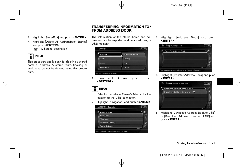 Transferring information to/from address book -21 | NISSAN 2013 Quest - Navigation System Owner's Manual User Manual | Page 135 / 243