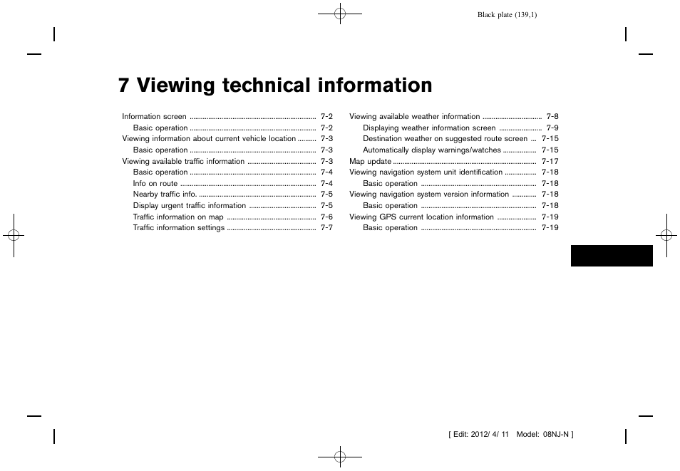 Viewing technical information, 7 viewing technical information | NISSAN 2013 Quest - Navigation System Owner's Manual User Manual | Page 139 / 243