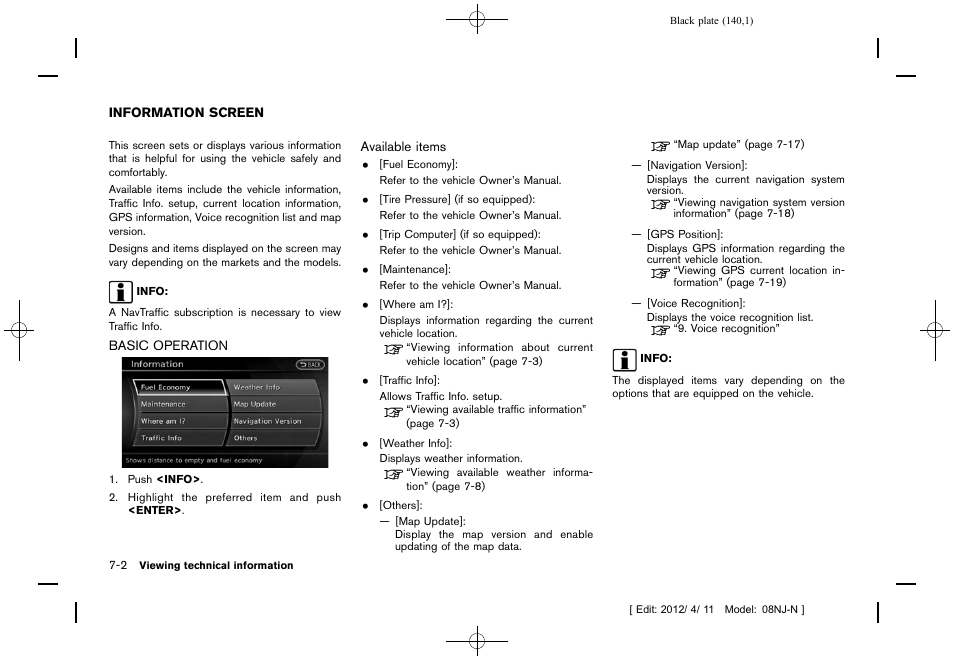 Information screen -2, Basic operation -2 | NISSAN 2013 Quest - Navigation System Owner's Manual User Manual | Page 140 / 243