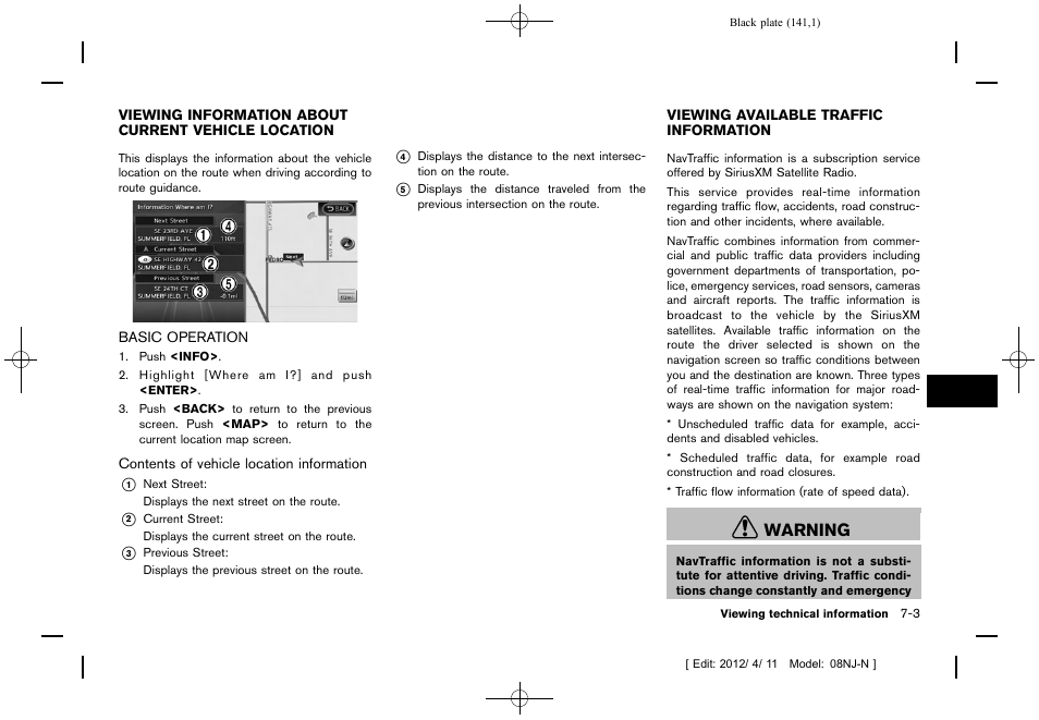 Basic operation -3, Viewing available traffic information -3, Warning | NISSAN 2013 Quest - Navigation System Owner's Manual User Manual | Page 141 / 243