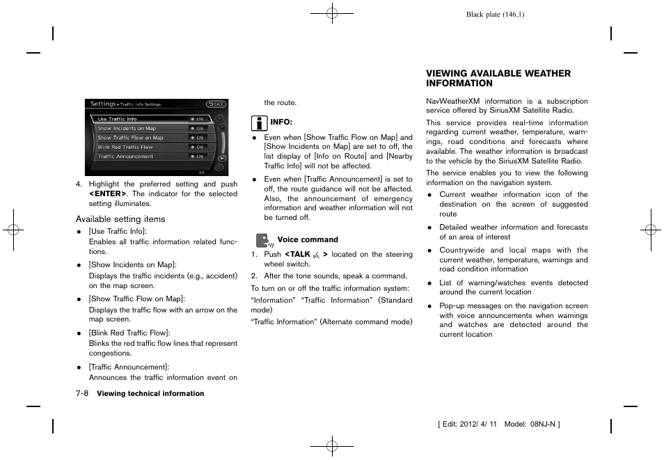 Viewing available weather information -8 | NISSAN 2013 Quest - Navigation System Owner's Manual User Manual | Page 146 / 243