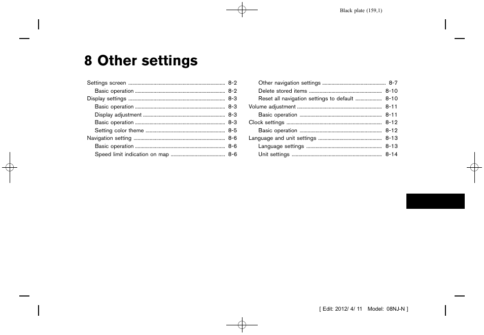 Other settings, 8 other settings | NISSAN 2013 Quest - Navigation System Owner's Manual User Manual | Page 159 / 243