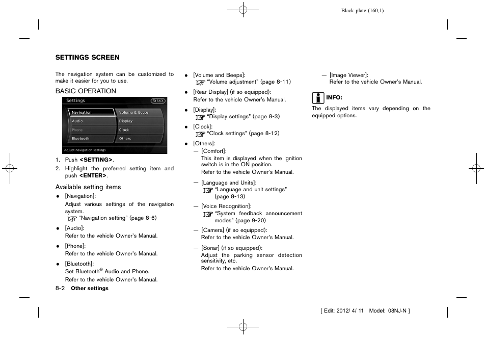 Settings screen -2, Basic operation -2 | NISSAN 2013 Quest - Navigation System Owner's Manual User Manual | Page 160 / 243