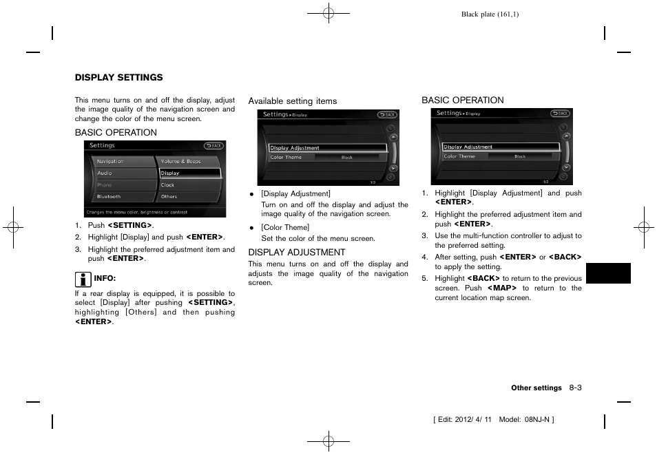 Display settings -3 | NISSAN 2013 Quest - Navigation System Owner's Manual User Manual | Page 161 / 243