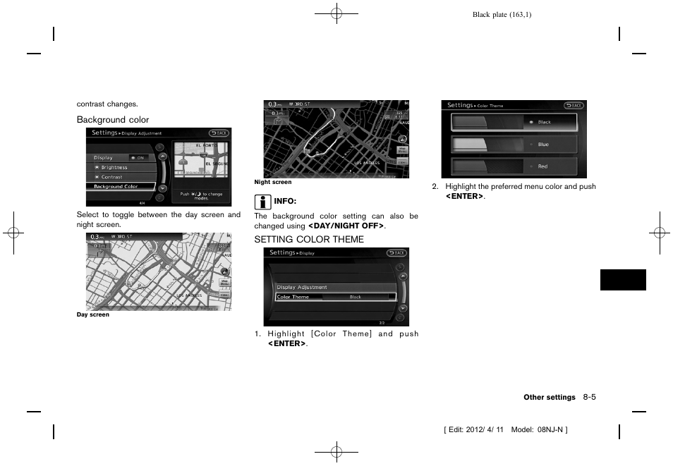 Setting color theme -5 | NISSAN 2013 Quest - Navigation System Owner's Manual User Manual | Page 163 / 243