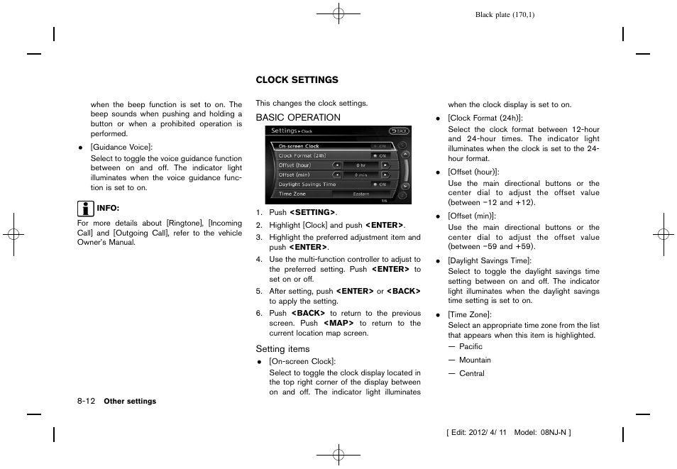 Clock settings -12, Basic operation -12 | NISSAN 2013 Quest - Navigation System Owner's Manual User Manual | Page 170 / 243