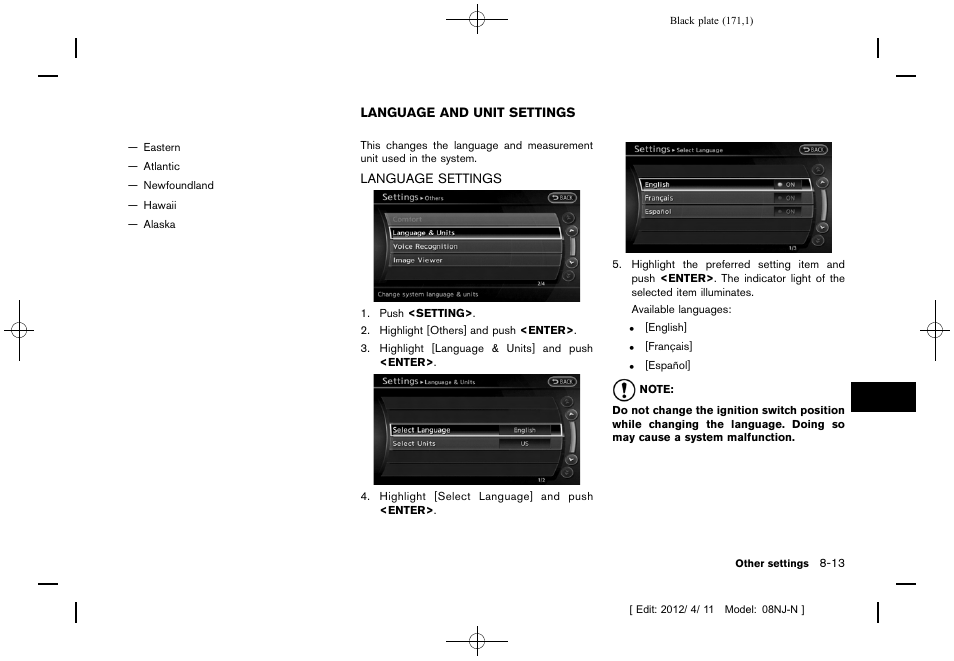 Language and unit settings -13, Language settings -13 | NISSAN 2013 Quest - Navigation System Owner's Manual User Manual | Page 171 / 243