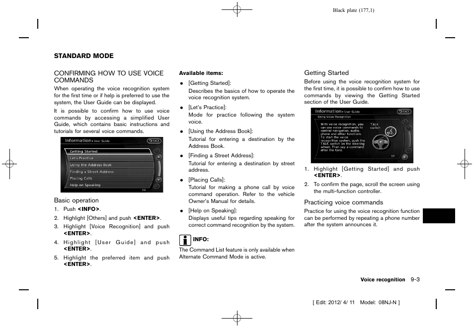 Standard mode -3, Confirming how to use voice commands -3 | NISSAN 2013 Quest - Navigation System Owner's Manual User Manual | Page 177 / 243