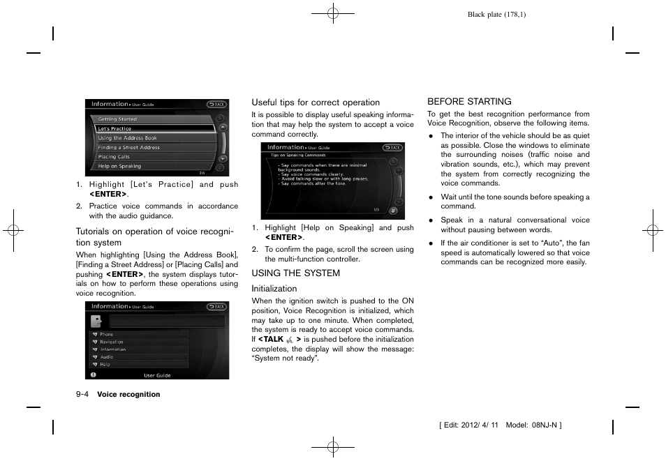 Using the system -4 before starting -4 | NISSAN 2013 Quest - Navigation System Owner's Manual User Manual | Page 178 / 243