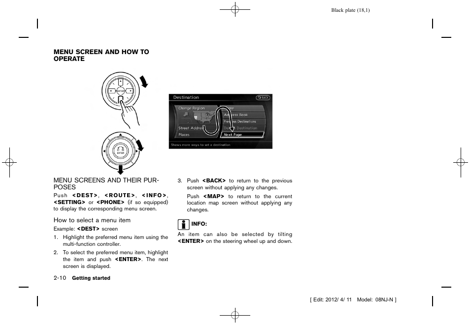 Menu screen and how to operate -10, Menu screens and their purposes -10 | NISSAN 2013 Quest - Navigation System Owner's Manual User Manual | Page 18 / 243