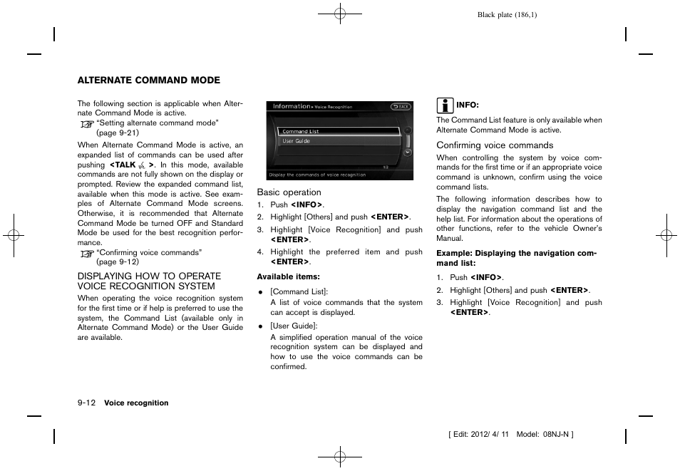 Alternate command mode -12 | NISSAN 2013 Quest - Navigation System Owner's Manual User Manual | Page 186 / 243