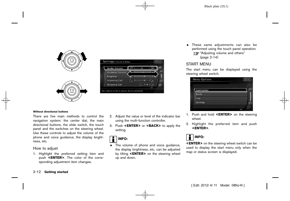 Start menu -12 | NISSAN 2013 Quest - Navigation System Owner's Manual User Manual | Page 20 / 243