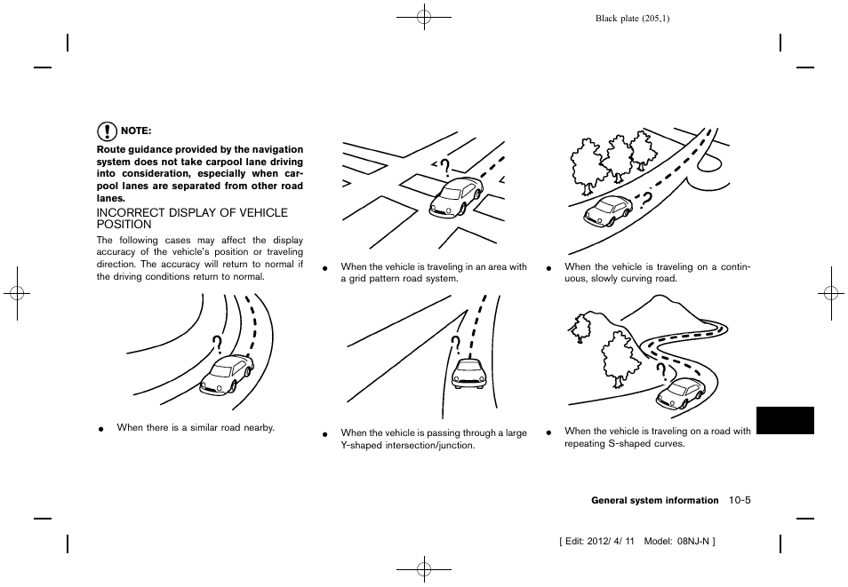 Incorrect display of vehicle position -5 | NISSAN 2013 Quest - Navigation System Owner's Manual User Manual | Page 205 / 243