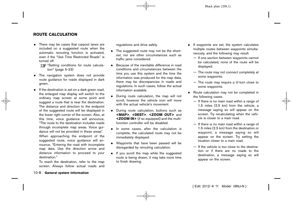 Route calculation -8 | NISSAN 2013 Quest - Navigation System Owner's Manual User Manual | Page 208 / 243