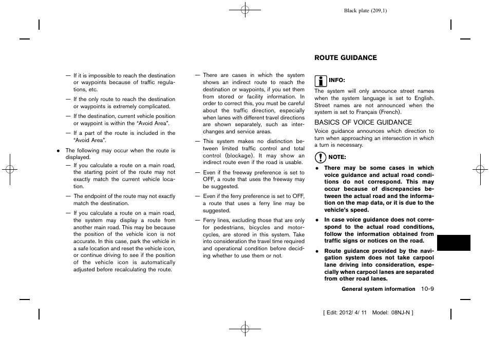 Route guidance -9, Basics of voice guidance -9 | NISSAN 2013 Quest - Navigation System Owner's Manual User Manual | Page 209 / 243