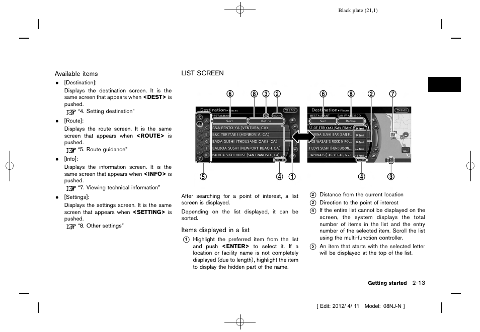 List screen -13 | NISSAN 2013 Quest - Navigation System Owner's Manual User Manual | Page 21 / 243