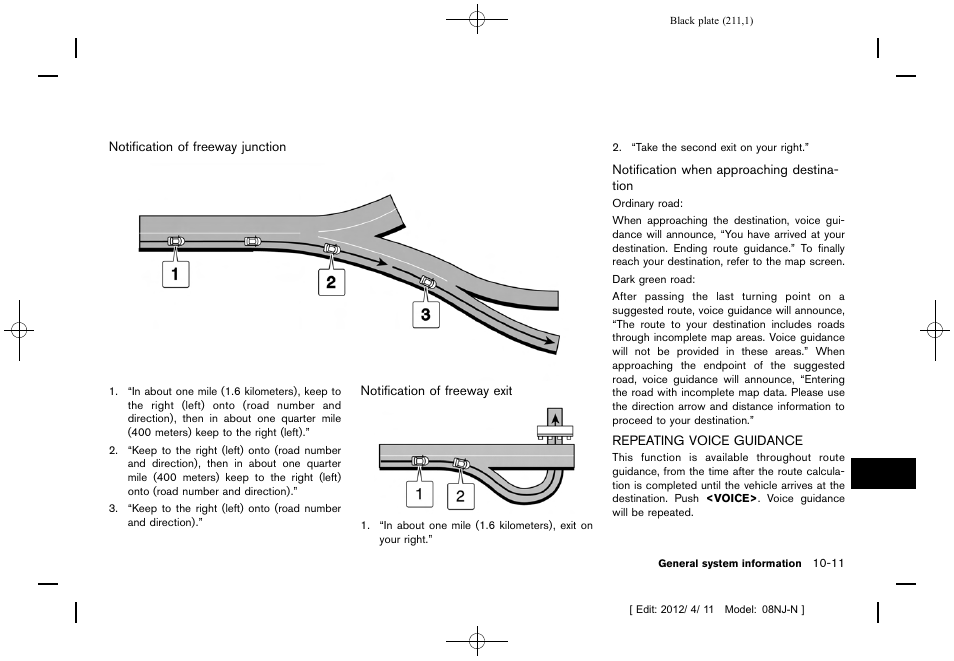 Repeating voice guidance -11 | NISSAN 2013 Quest - Navigation System Owner's Manual User Manual | Page 211 / 243