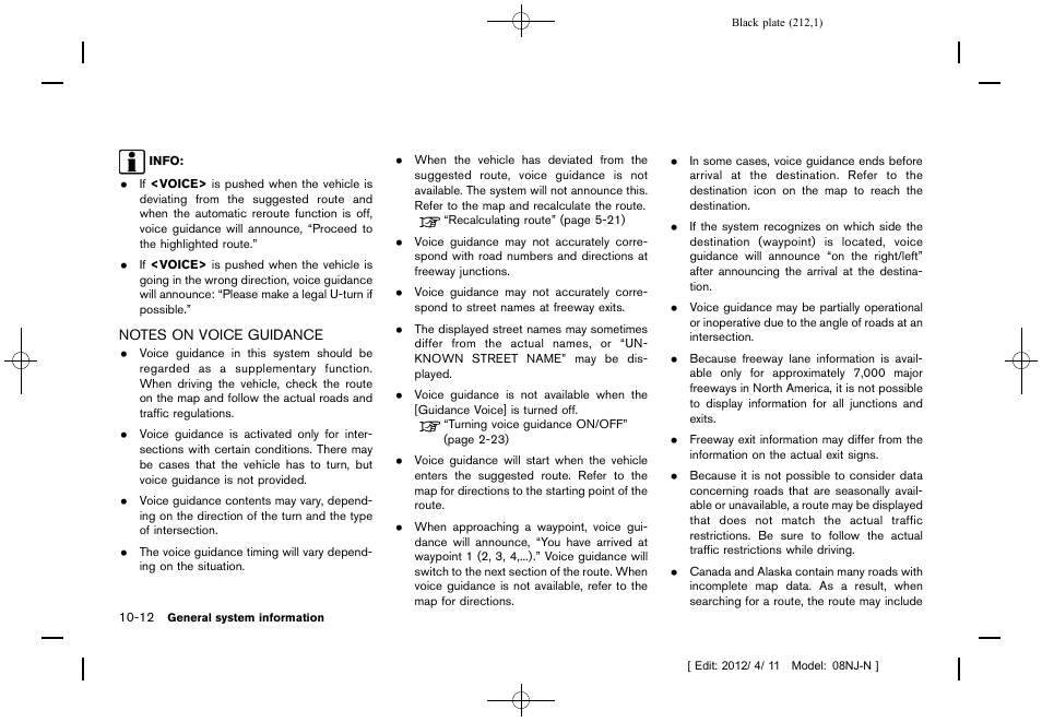 Notes on voice guidance -12 | NISSAN 2013 Quest - Navigation System Owner's Manual User Manual | Page 212 / 243