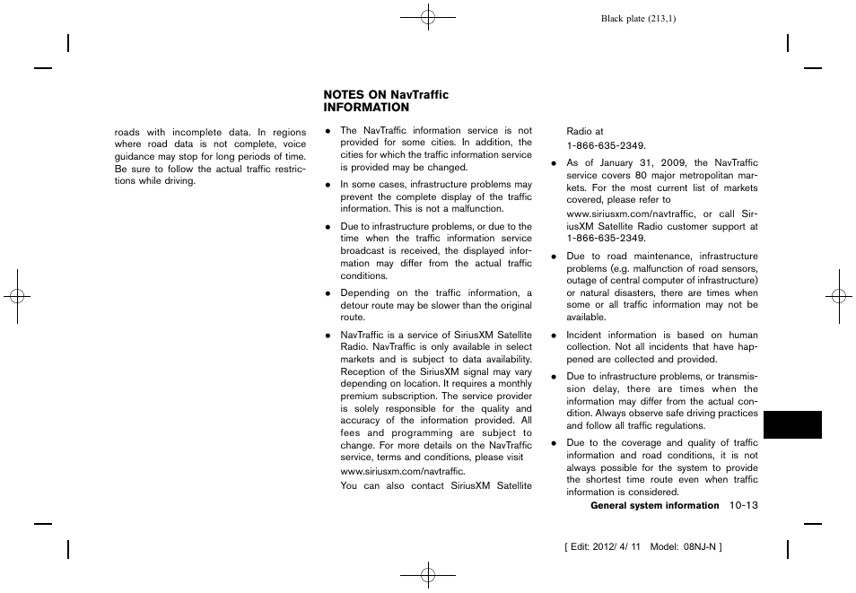 Notes on navtraffic information -13 | NISSAN 2013 Quest - Navigation System Owner's Manual User Manual | Page 213 / 243