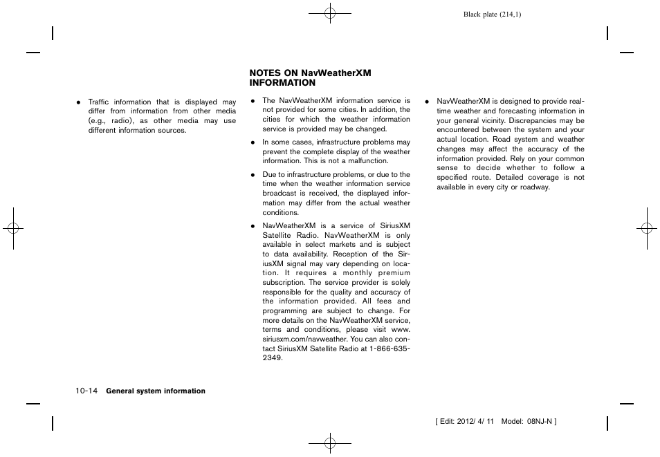 Notes on navweatherxm information -14 | NISSAN 2013 Quest - Navigation System Owner's Manual User Manual | Page 214 / 243