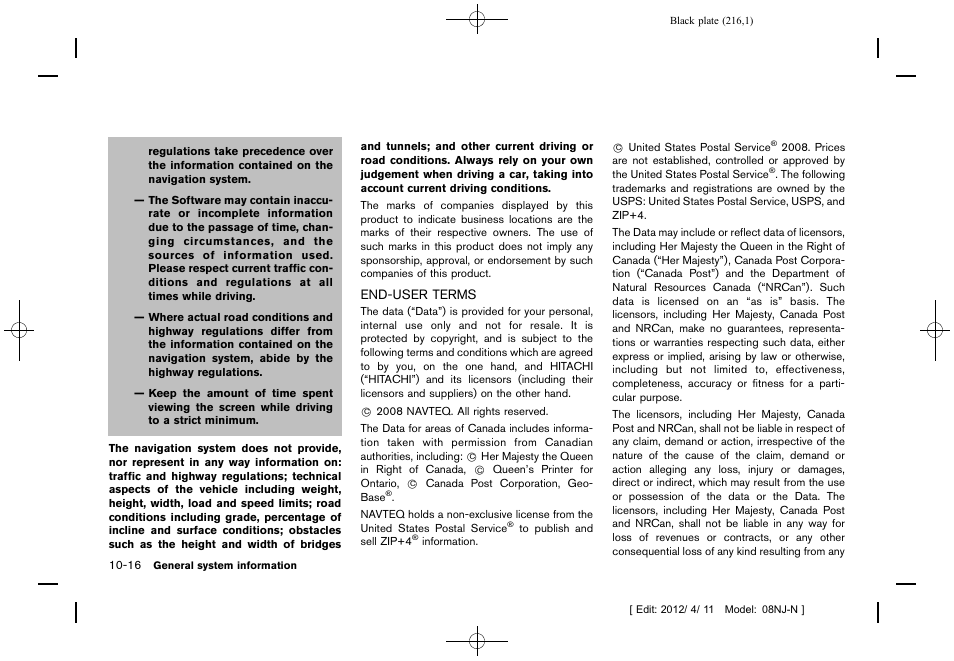 End-user terms -16 | NISSAN 2013 Quest - Navigation System Owner's Manual User Manual | Page 216 / 243