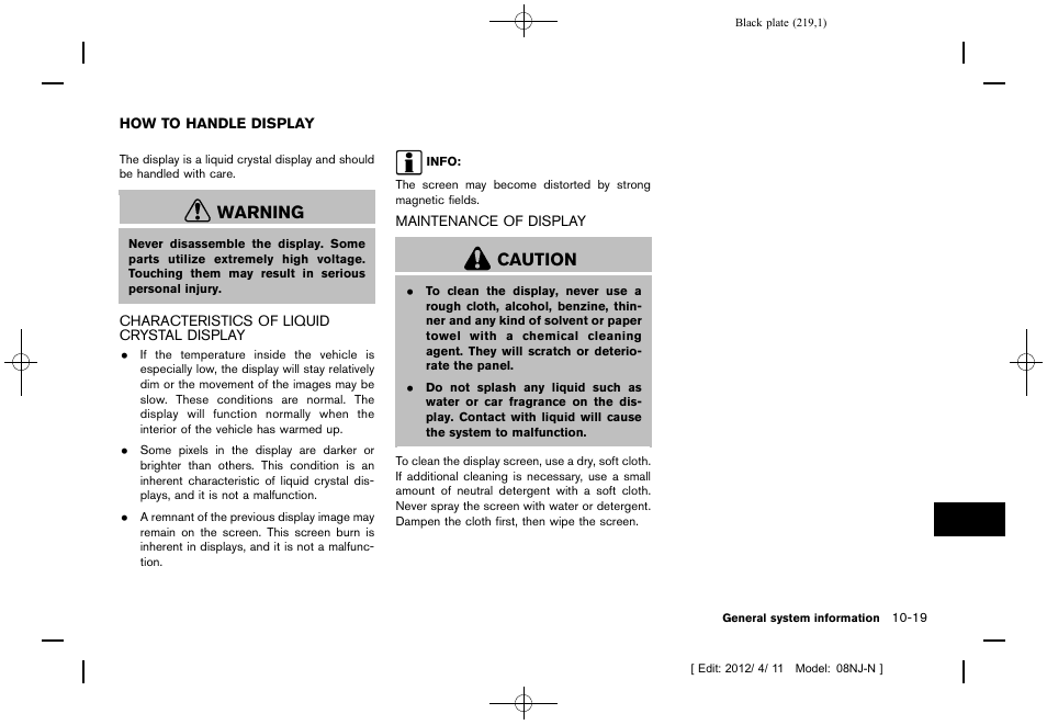 How to handle display -19, Warning, Caution | NISSAN 2013 Quest - Navigation System Owner's Manual User Manual | Page 219 / 243