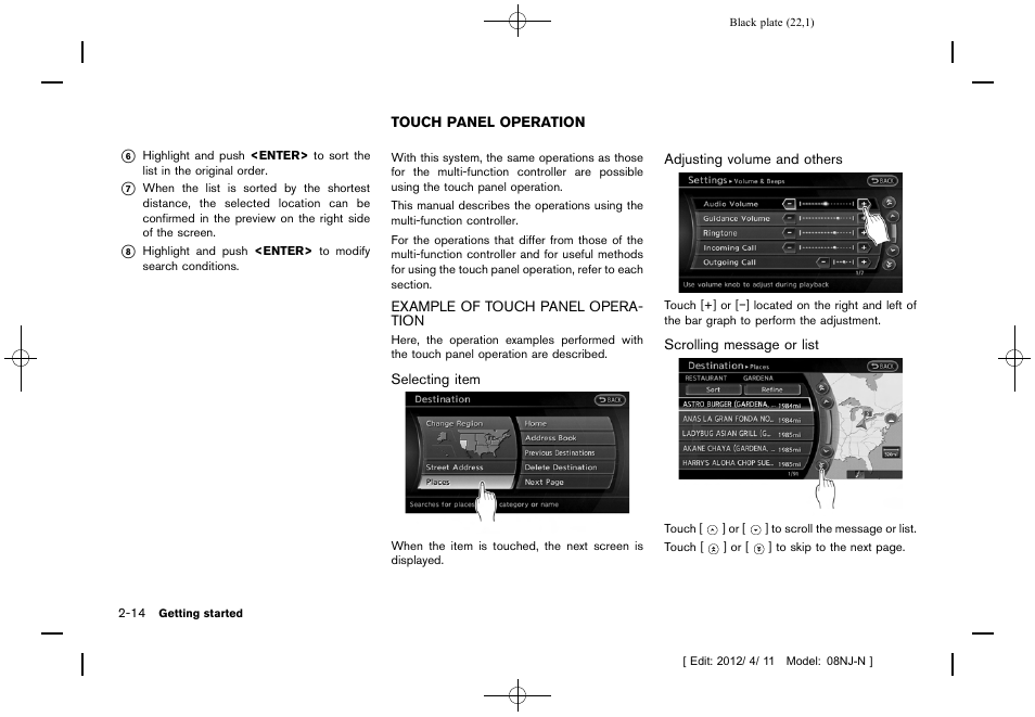 Touch panel operation -14, Example of touch panel operation -14 | NISSAN 2013 Quest - Navigation System Owner's Manual User Manual | Page 22 / 243