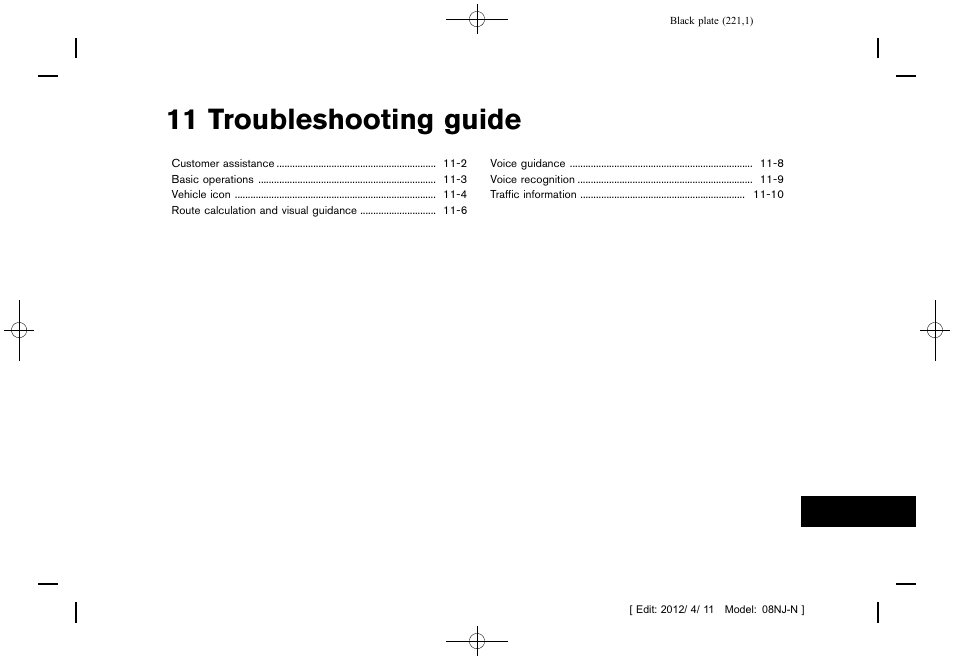 Troubleshooting guide, 11 troubleshooting guide | NISSAN 2013 Quest - Navigation System Owner's Manual User Manual | Page 221 / 243