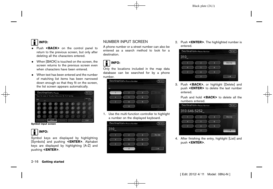 Number input screen -16 | NISSAN 2013 Quest - Navigation System Owner's Manual User Manual | Page 24 / 243