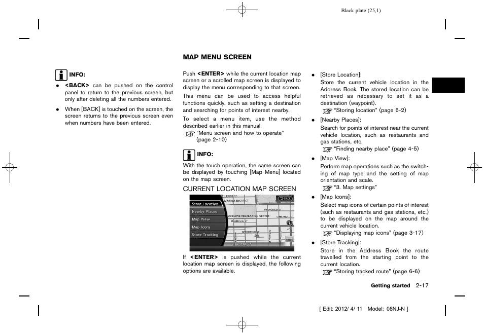 Map menu screen -17, Current location map screen -17 | NISSAN 2013 Quest - Navigation System Owner's Manual User Manual | Page 25 / 243