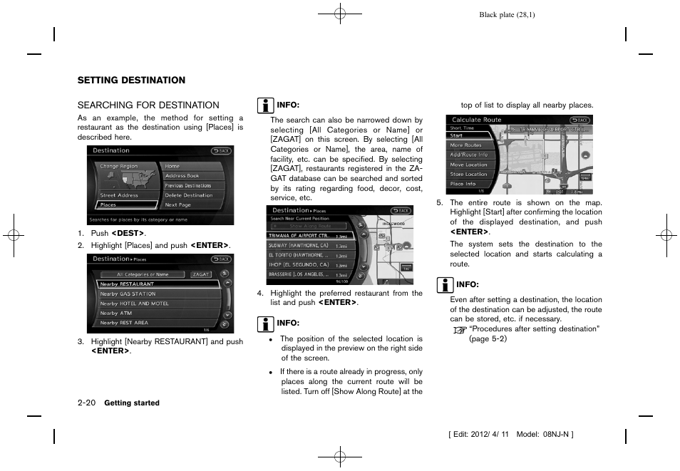 Setting destination -20, Searching for destination -20 | NISSAN 2013 Quest - Navigation System Owner's Manual User Manual | Page 28 / 243