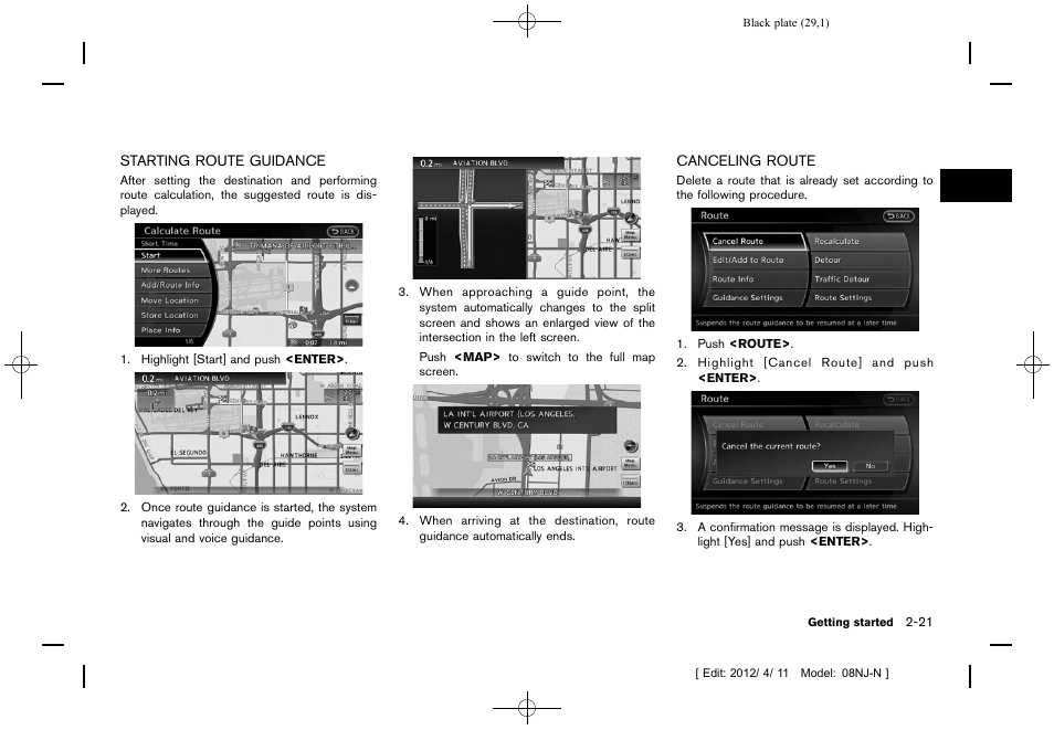 Starting route guidance -21 canceling route -21 | NISSAN 2013 Quest - Navigation System Owner's Manual User Manual | Page 29 / 243