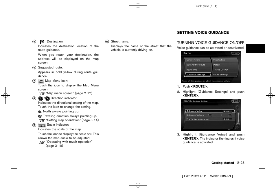 Setting voice guidance -23, Turning voice guidance on/off -23 | NISSAN 2013 Quest - Navigation System Owner's Manual User Manual | Page 31 / 243