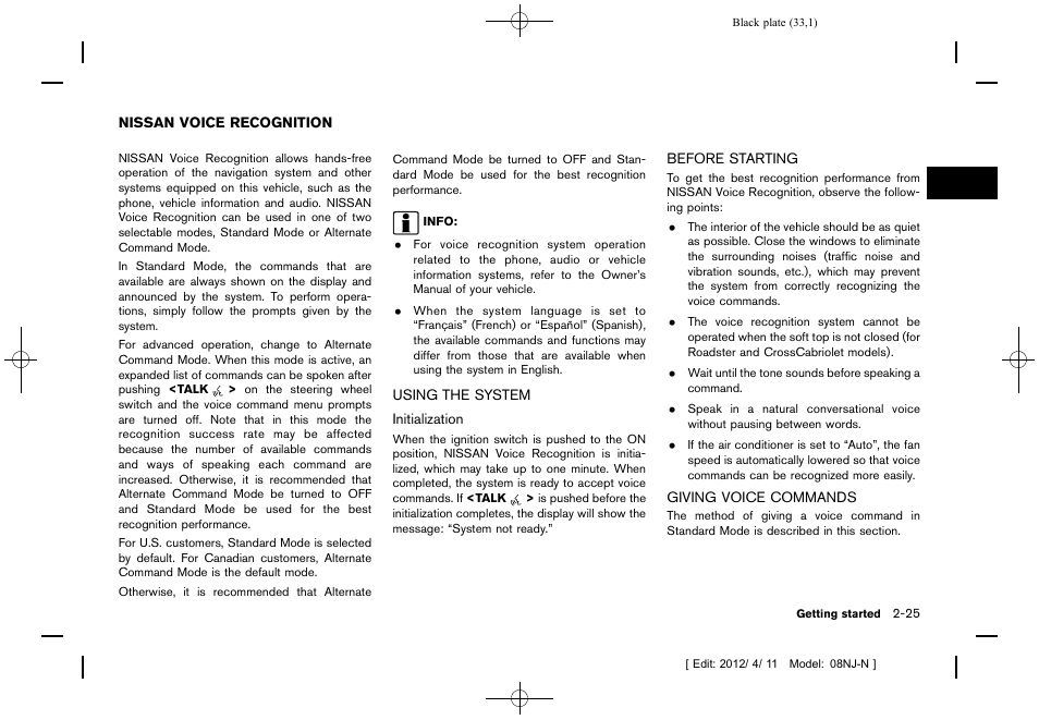 Nissan voice recognition -25 | NISSAN 2013 Quest - Navigation System Owner's Manual User Manual | Page 33 / 243
