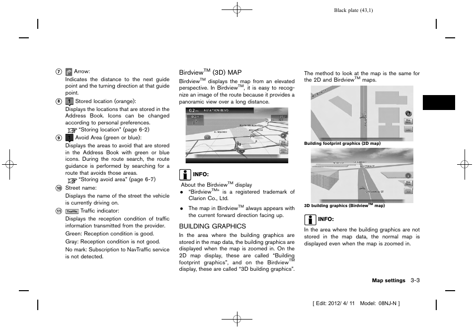 Birdview, 3d) map -3, Building graphics -3 | NISSAN 2013 Quest - Navigation System Owner's Manual User Manual | Page 43 / 243