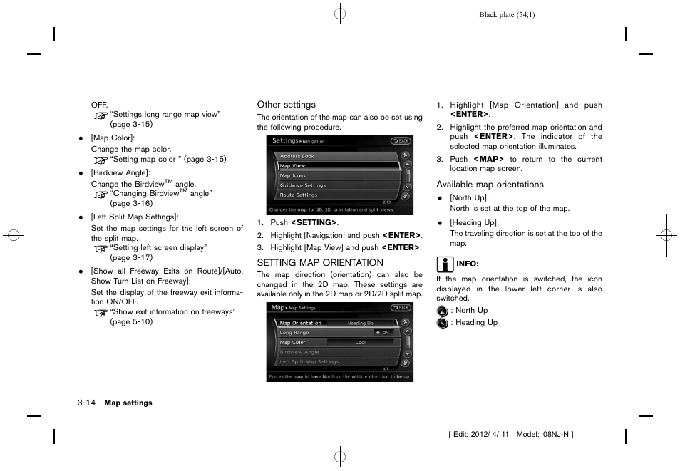 Setting map orientation -14 | NISSAN 2013 Quest - Navigation System Owner's Manual User Manual | Page 54 / 243