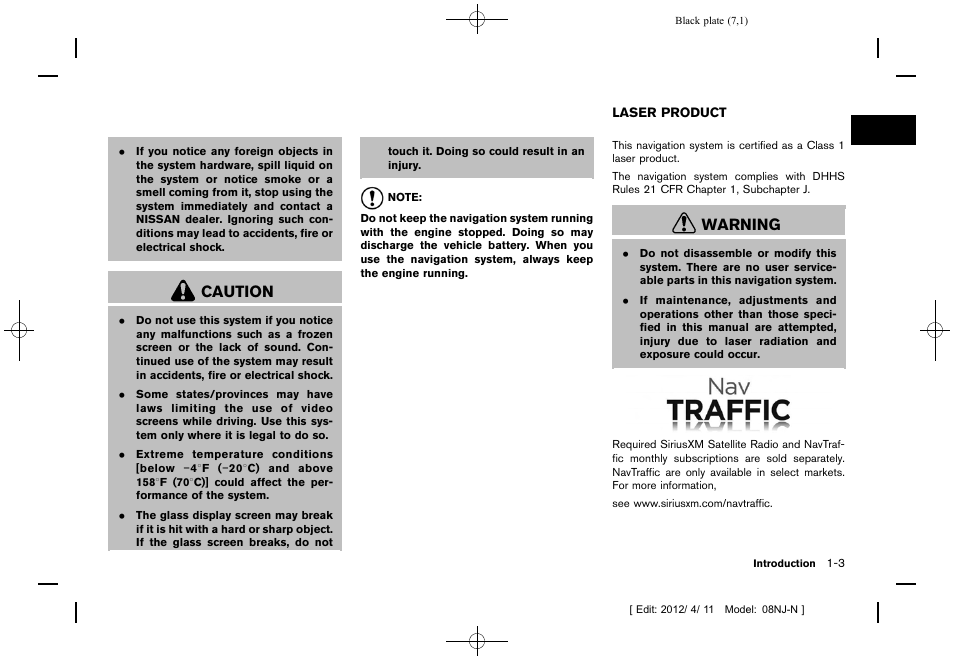 Laser product -3, Caution, Warning | NISSAN 2013 Quest - Navigation System Owner's Manual User Manual | Page 7 / 243