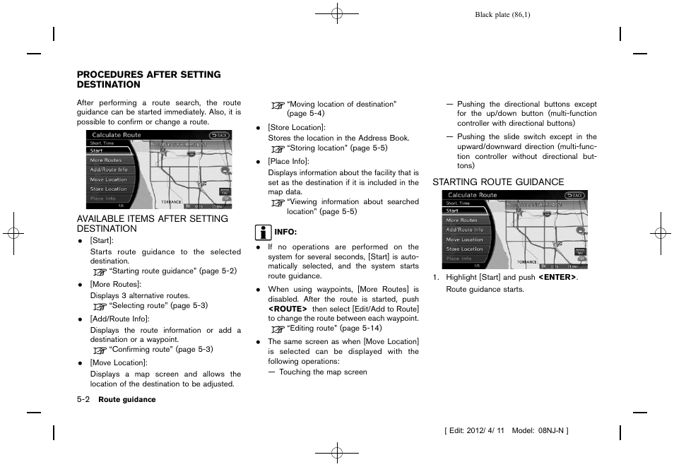 Procedures after setting destination -2 | NISSAN 2013 Quest - Navigation System Owner's Manual User Manual | Page 86 / 243